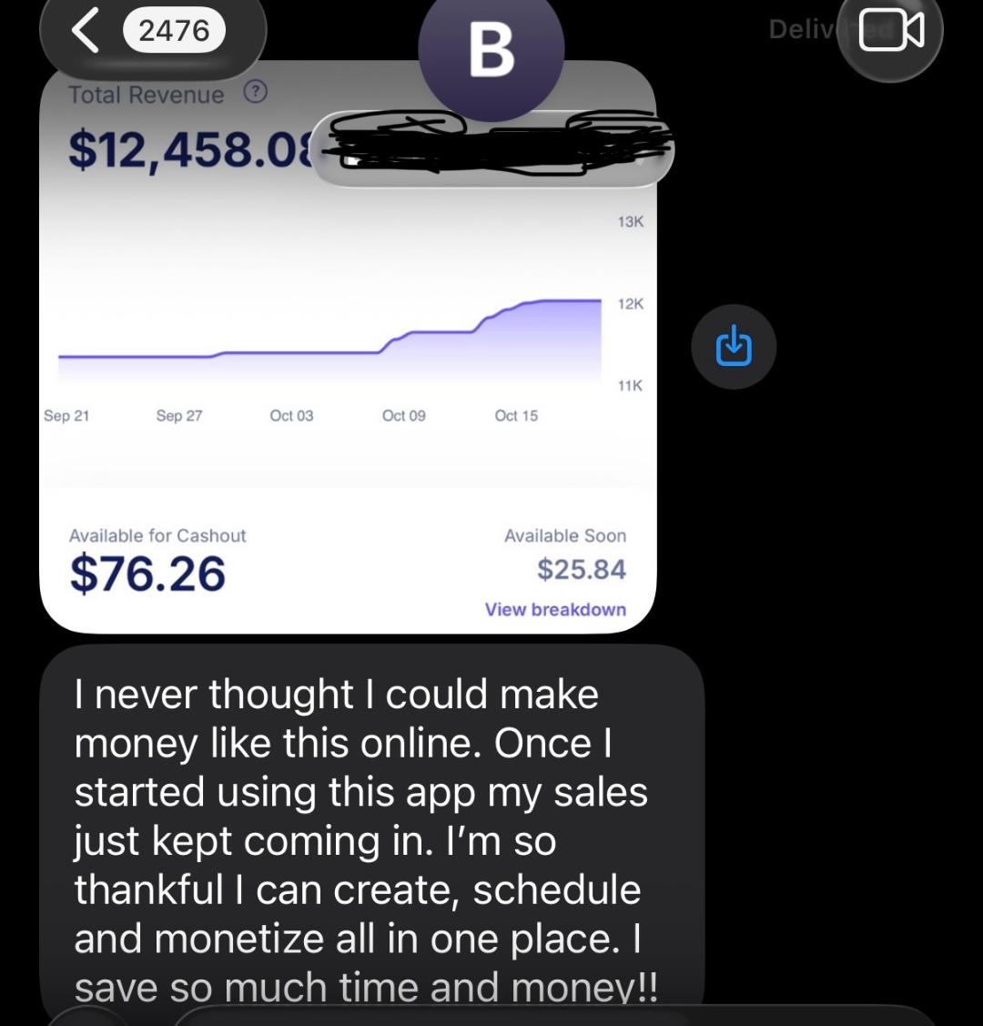 I never thought I could make money like this online. Once I started using this app my sales just kept coming in. I'm so thankful I can create, schedule and monetize all in one place. I save so much time and money!!